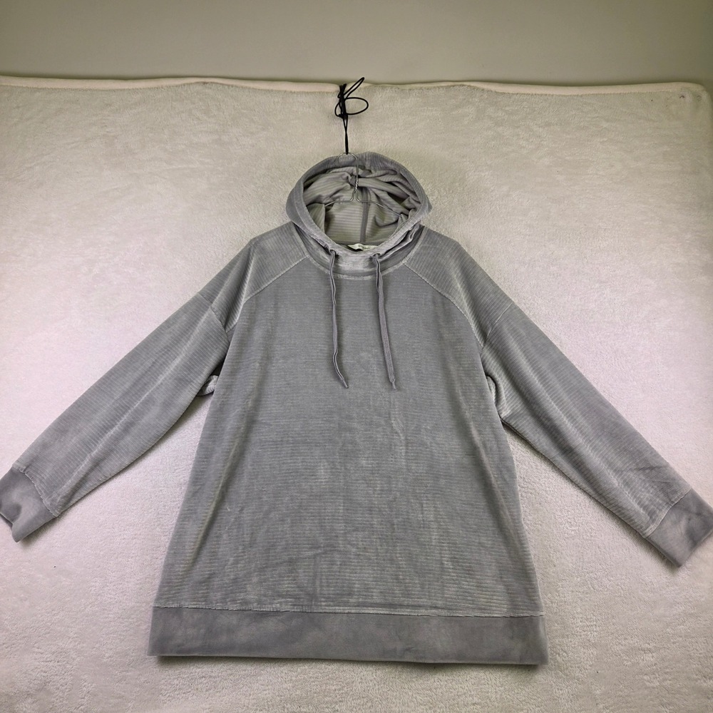 Cj Banks Womens 1X Grey Ribbed Velour Pullover Hoodie Raglan Sleeve Long Length